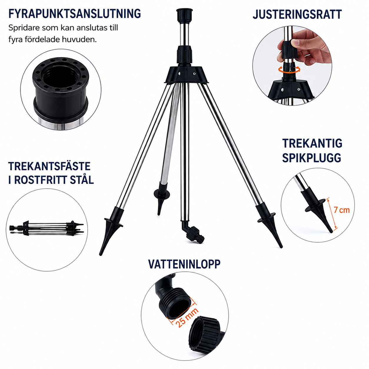 Högtryckssprinkler med Roterande Stativ – 360° Bevattning, Justerbar Höjd och Spridning