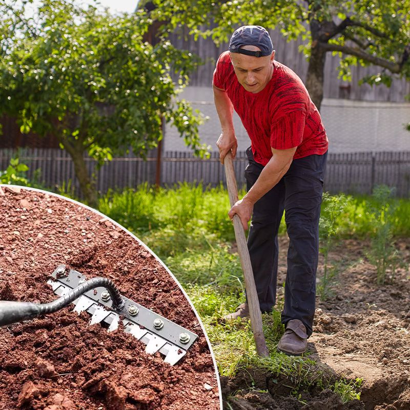 Kolstålsraka för Trädgård – Utbytbart Huvud med 5-8 Tänder för Ogräsrensning och Jordbearbetning